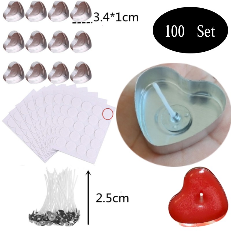 Candle Making Kit - 100 ชุดรูปหัวใจอลูมิเนียมที่ว่างเปล่า Tealight เทียนขี้ผึ้งกระป๋อง Jars กรณีคอนเทนเนอร์แม่พิมพ์สําหรับ