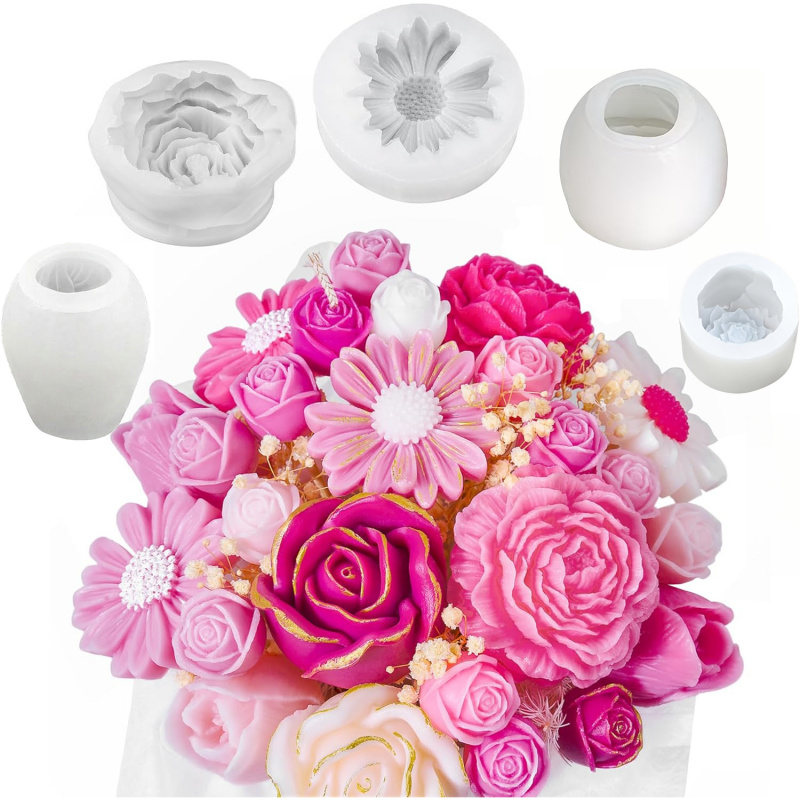 Candle Making Kit - ชุดแม่พิมพ์เทียนรูปดอกไม้ 5 ชิ้น，แม่พิมพ์เทียนซิลิโคนลายดอกไม้ 3 มิติ，ใช้สำหรับทำเทียน，แม่พิมพ์ดอกเดซี่ ดอกโบตั๋น