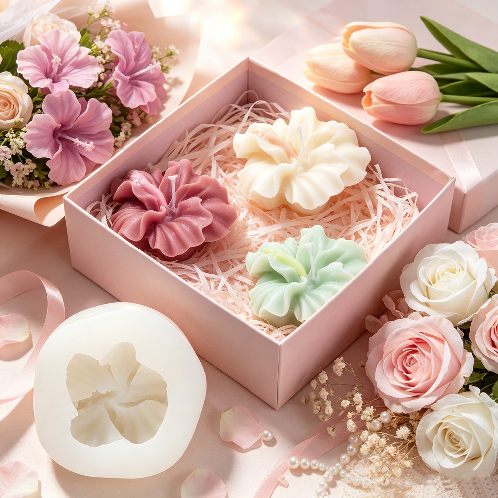 Candle Making Kit - แม่พิมพ์เทียนรูปดอกชบา 2 ชิ้น, แม่พิมพ์ซิลิโคนรูปดอกไม้สำหรับทำเทียนดินโพลิเมอร์, การหล่อเรซินอีพ็อกซี่, งานฝีมือทำสบู่และปูนปลาสเตอร์